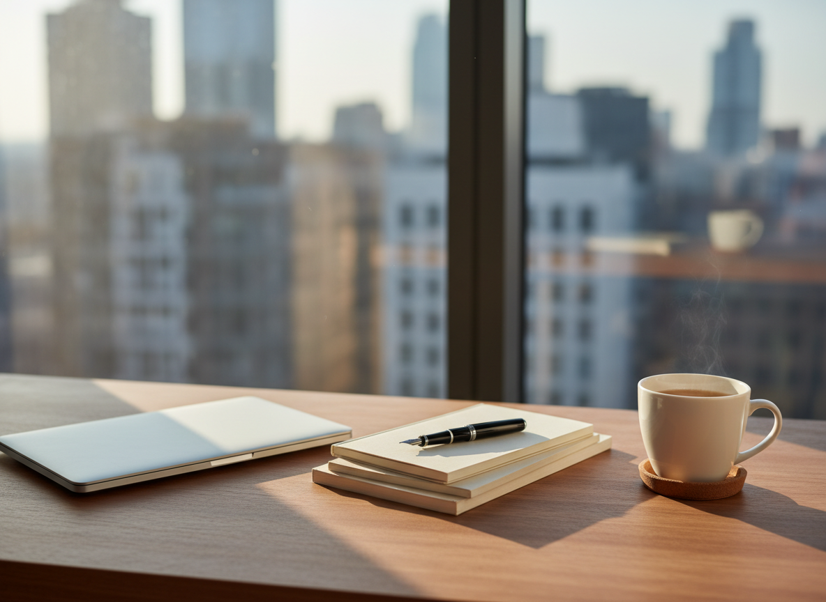 A neatly organized wooden office desk representing a thoughtful career decision space, with a slim silver laptop closed beside a tidy stack of cream-colored notebooks and a single black fountain pen aligned precisely on top. A clean white ceramic mug filled with herbal tea rests on a simple cork coaster. Behind, a large window reveals an abstracted, softly blurred city skyline, suggesting opportunity without distraction. Late afternoon natural light pours in from the side, creating gentle, elongated shadows and a calm, contemplative mood. Photographic realism, shot at eye level with a shallow depth of field, keeping the objects in crisp focus while the background falls into smooth bokeh, conveying a professional yet approachable atmosphere for career reflection.